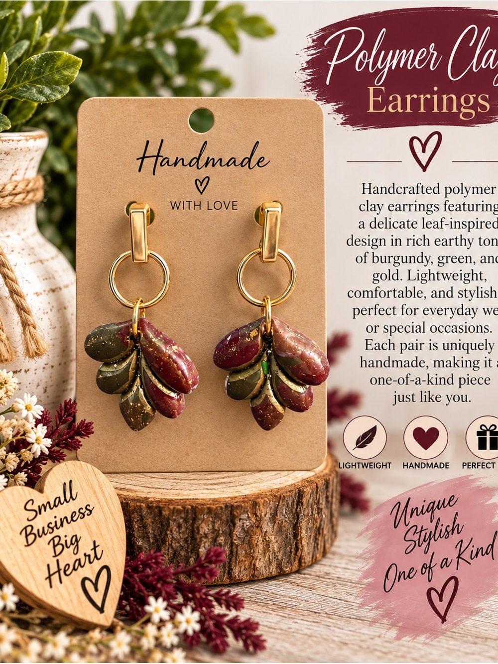 Others Follow Burgundy and Olive Leaf Dangle Earrings with Gold Hoops